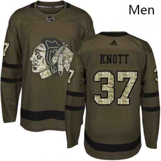 Mens Adidas Chicago Blackhawks 37 Graham Knott Authentic Green Salute to Service NHL Jersey
